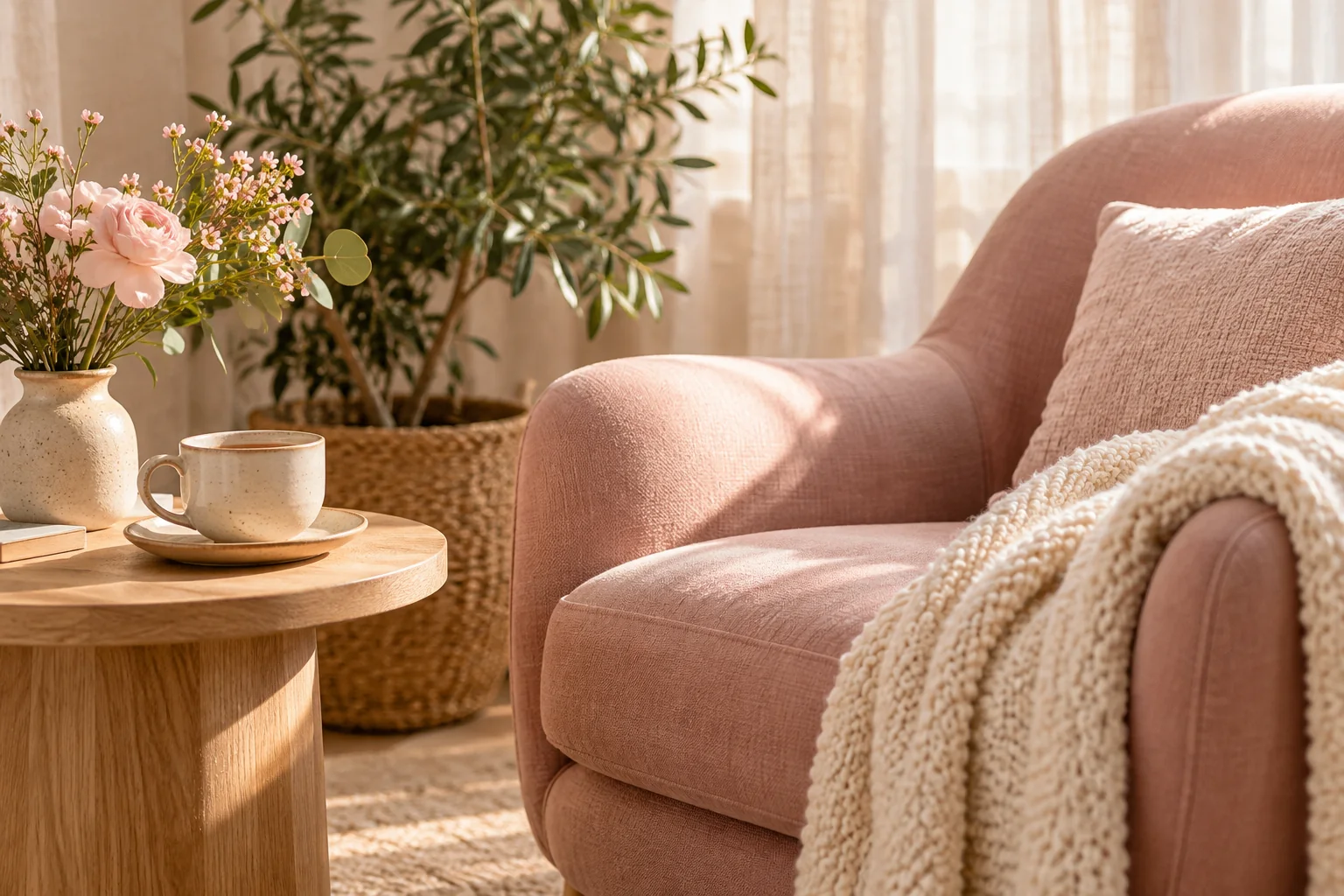 Un fauteuil rose avec un plaid, une tasse et des fleurs dans un salon lumineux et accueillant
