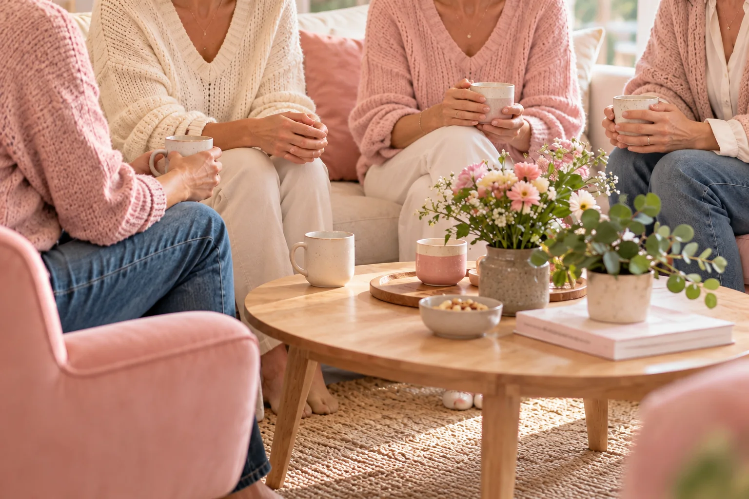 Un groupe de femmes réunies autour de tasses dans un salon chaleureux, sans visages visibles