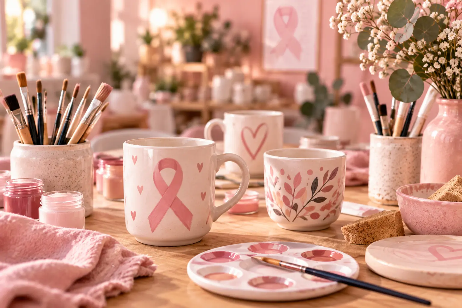 Tasses et matériel de peinture sur poterie dans un atelier décoré de rose