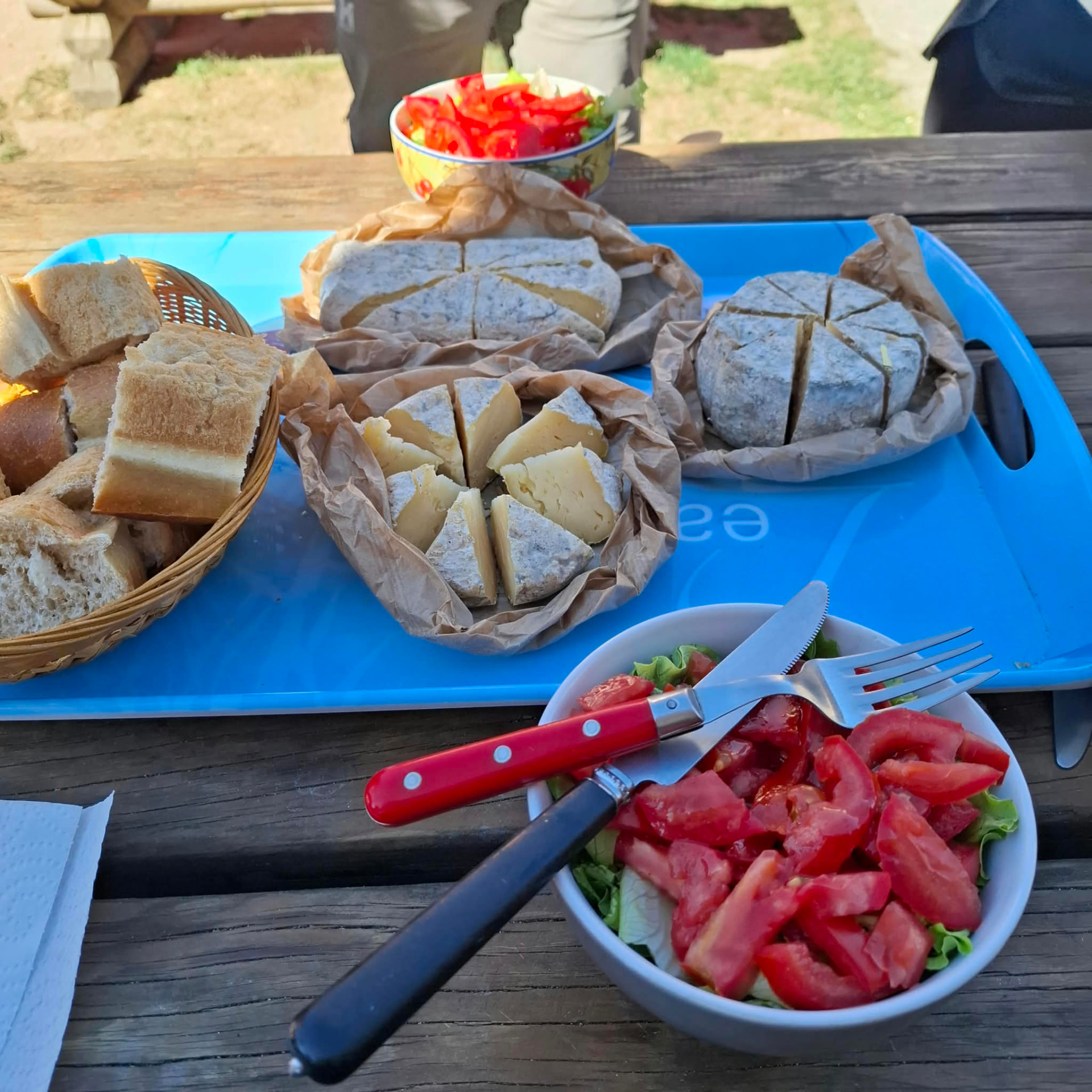 Déjeuner à la ferme avec fromages, pain et tomates