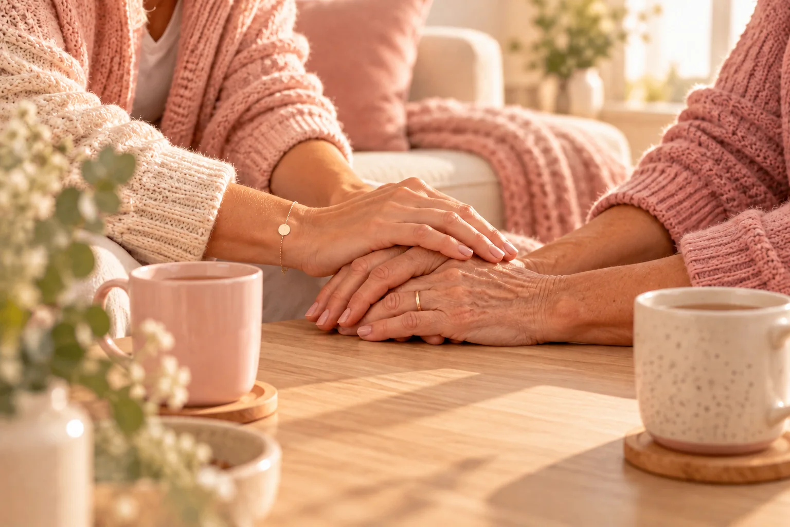 Des mains réunies dans un geste de soutien autour de tasses, dans un salon aux tons roses