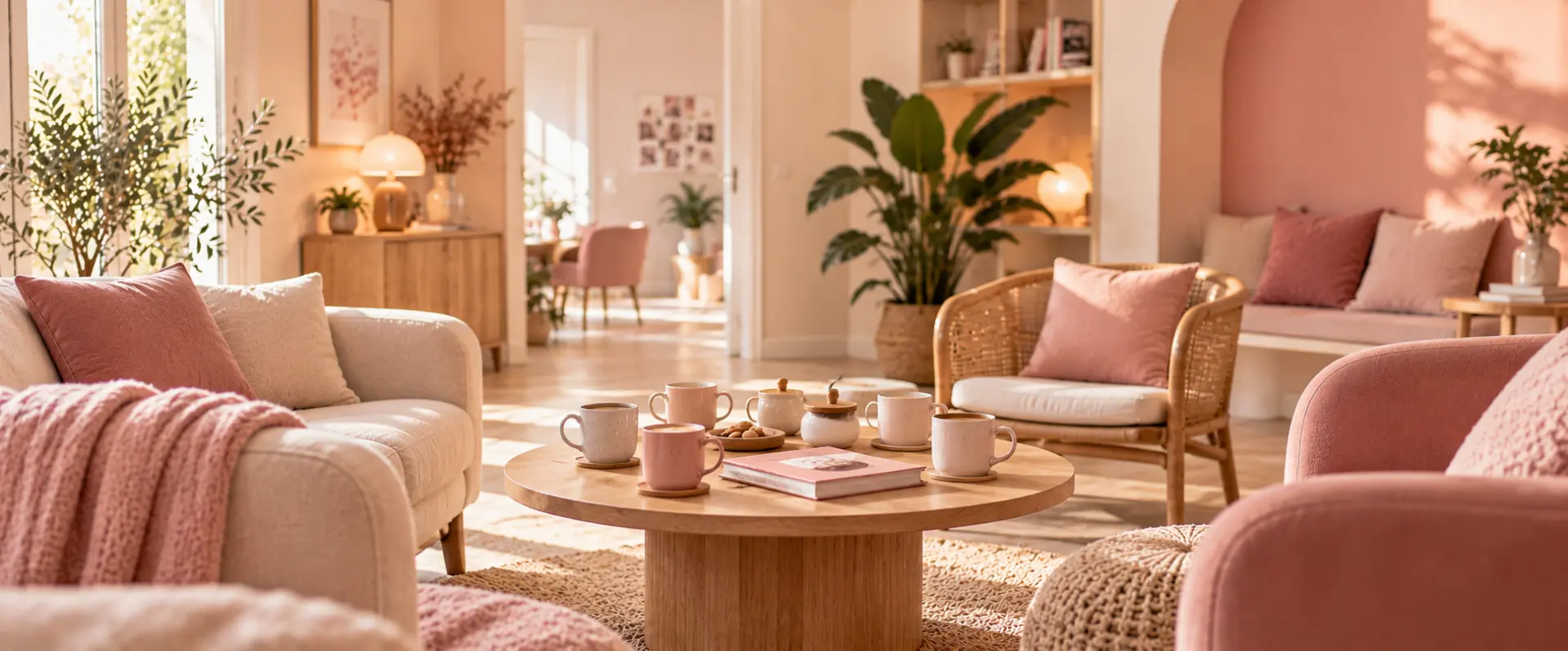 Salon lumineux et chaleureux aux tons roses avec canapés confortables, plantes vertes et tasses de thé, évoquant un cocon de bien-être et de partage