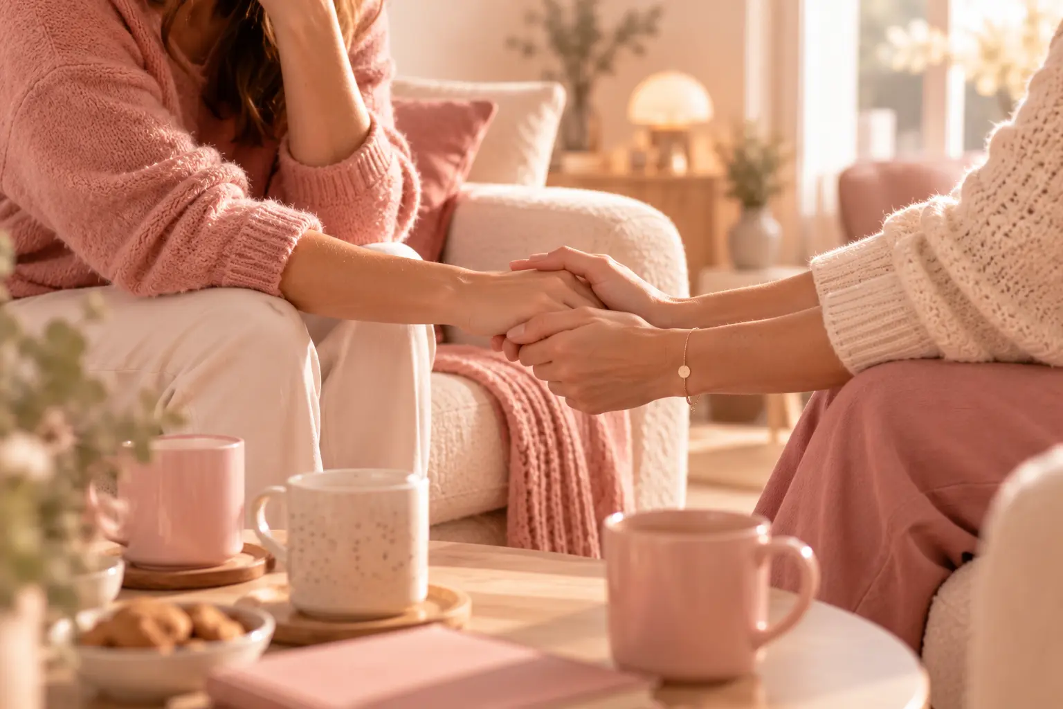Deux femmes se tenant doucement les mains dans un salon lumineux aux tons roses, autour de tasses de thé, évoquant le soutien et l'écoute mutuelle