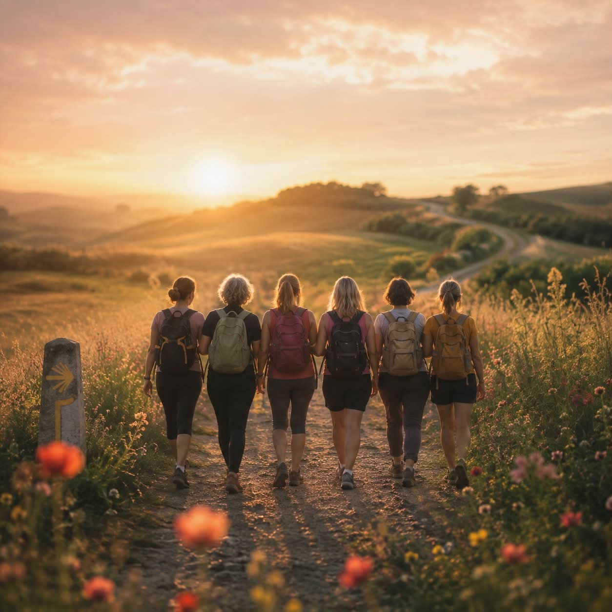 Six femmes marchant ensemble sur un chemin de campagne au coucher du soleil, vues de dos