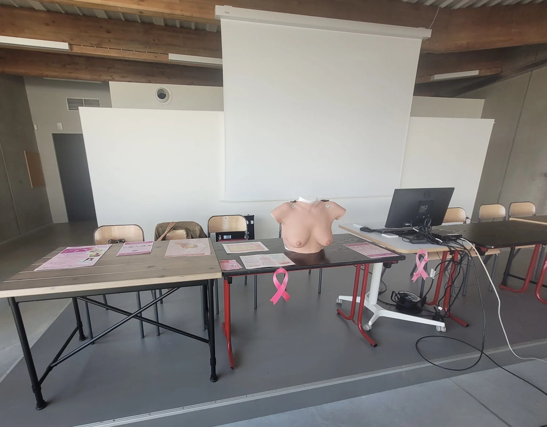 Table de prévention préparée au lycée de Gascogne avec documentation, buste pédagogique et rubans roses