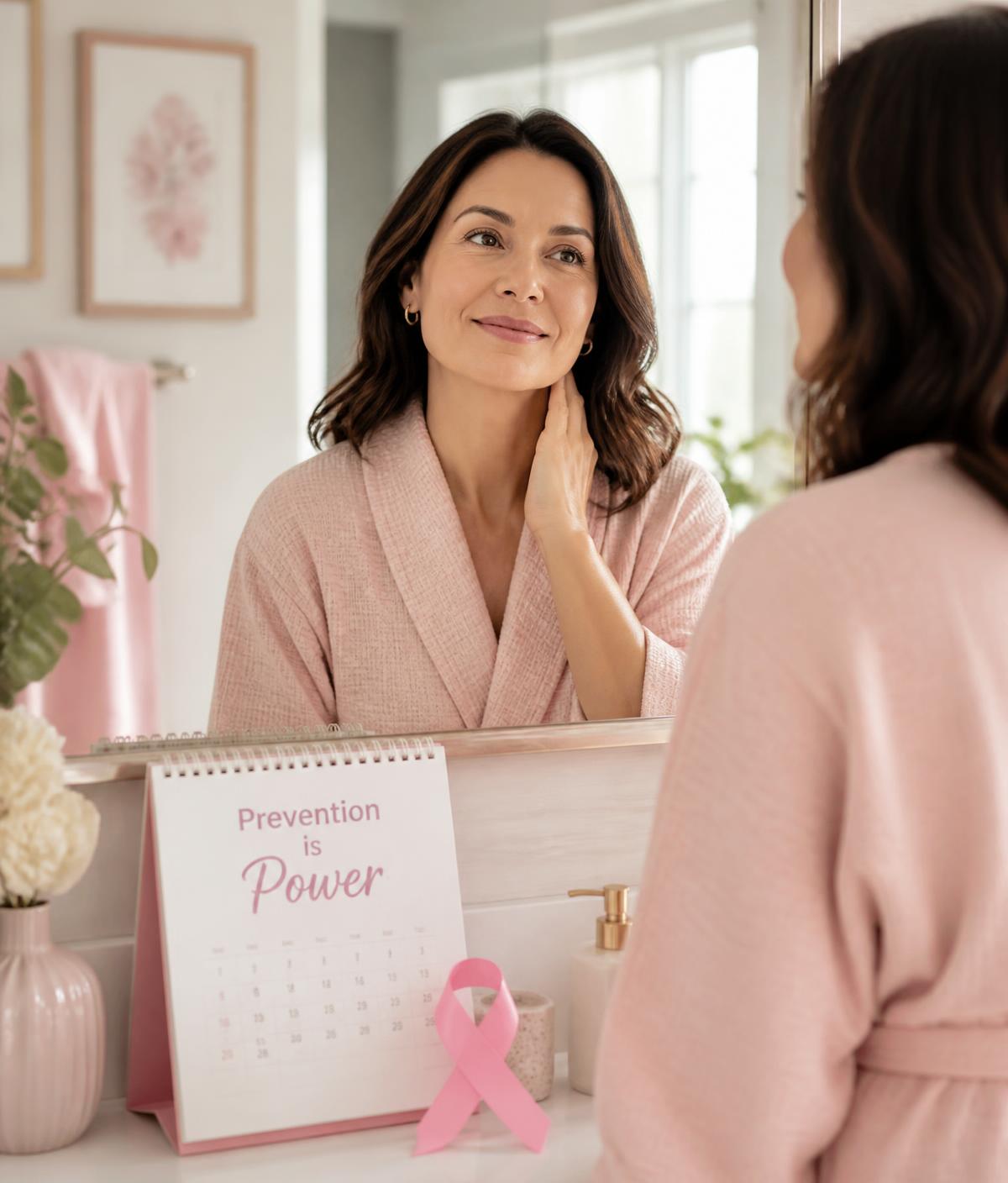 Femme dans une salle de bain avec un calendrier de prévention et un ruban rose, symbolisant l'auto-palpation et la prévention du cancer du sein