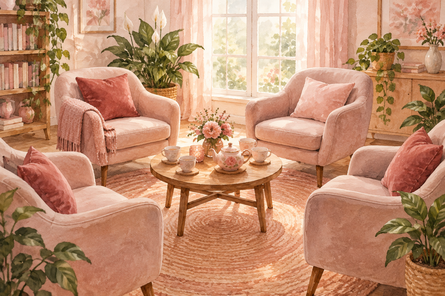Salon chaleureux aux tons roses avec des fauteuils disposés en cercle autour d'une table garnie de thé, illustration du groupe de parole