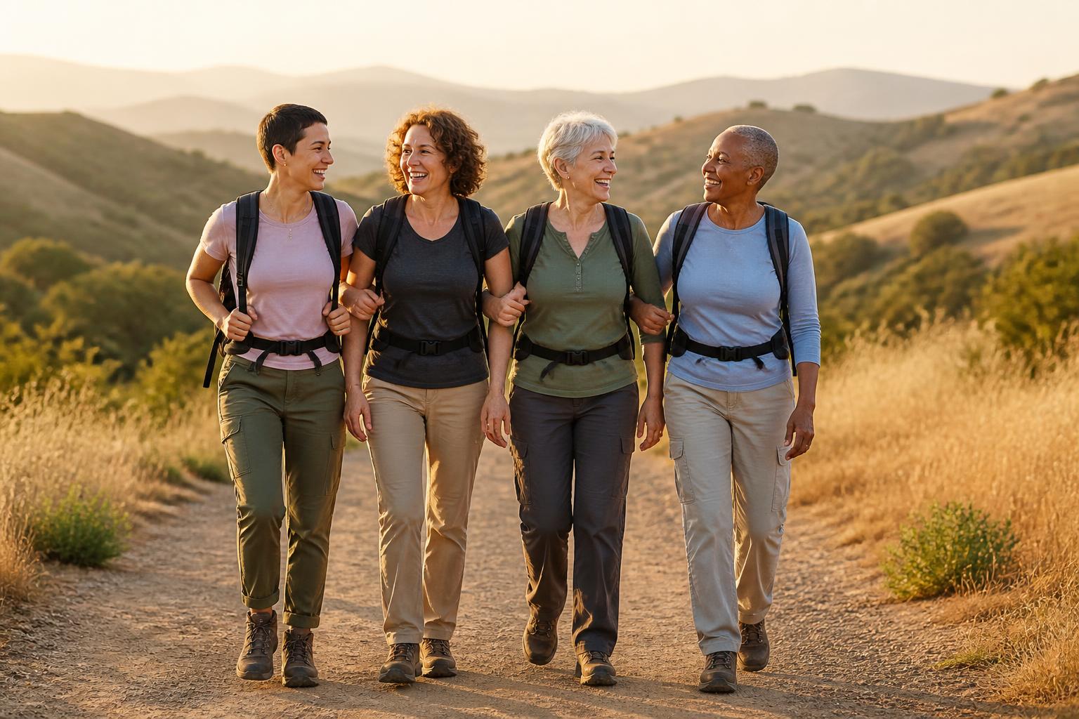 Marcheuses sur un chemin de campagne au coucher du soleil