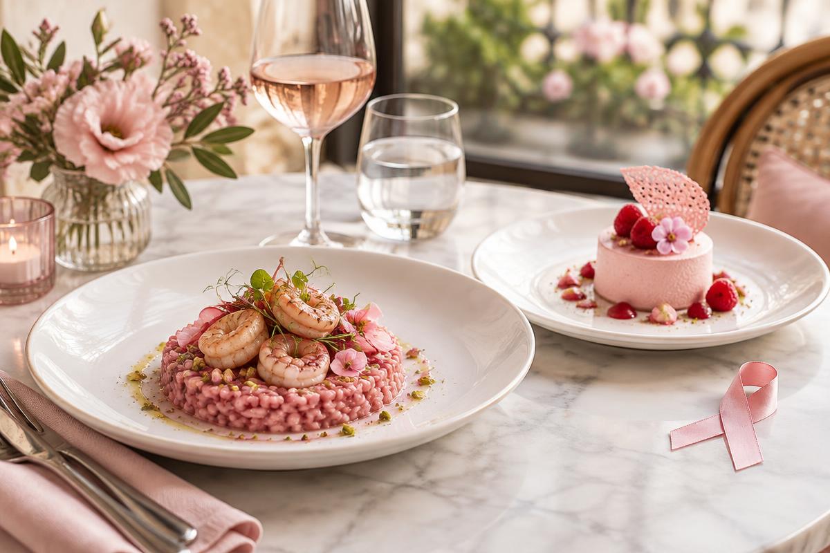 Plat et dessert roses proposés par L’Assiette de l’Épicerie pour Octobre Rose