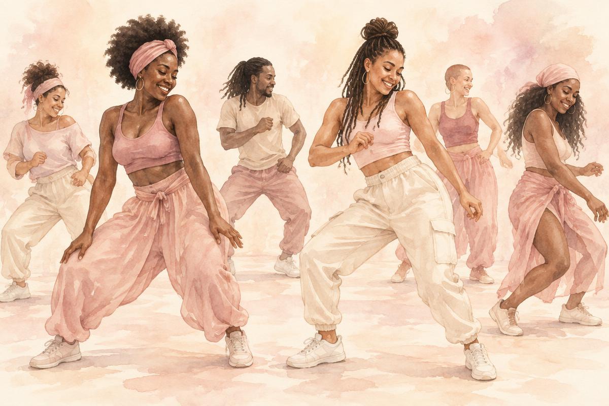Groupe de danse ragga dancehall dans une illustration rose poudré