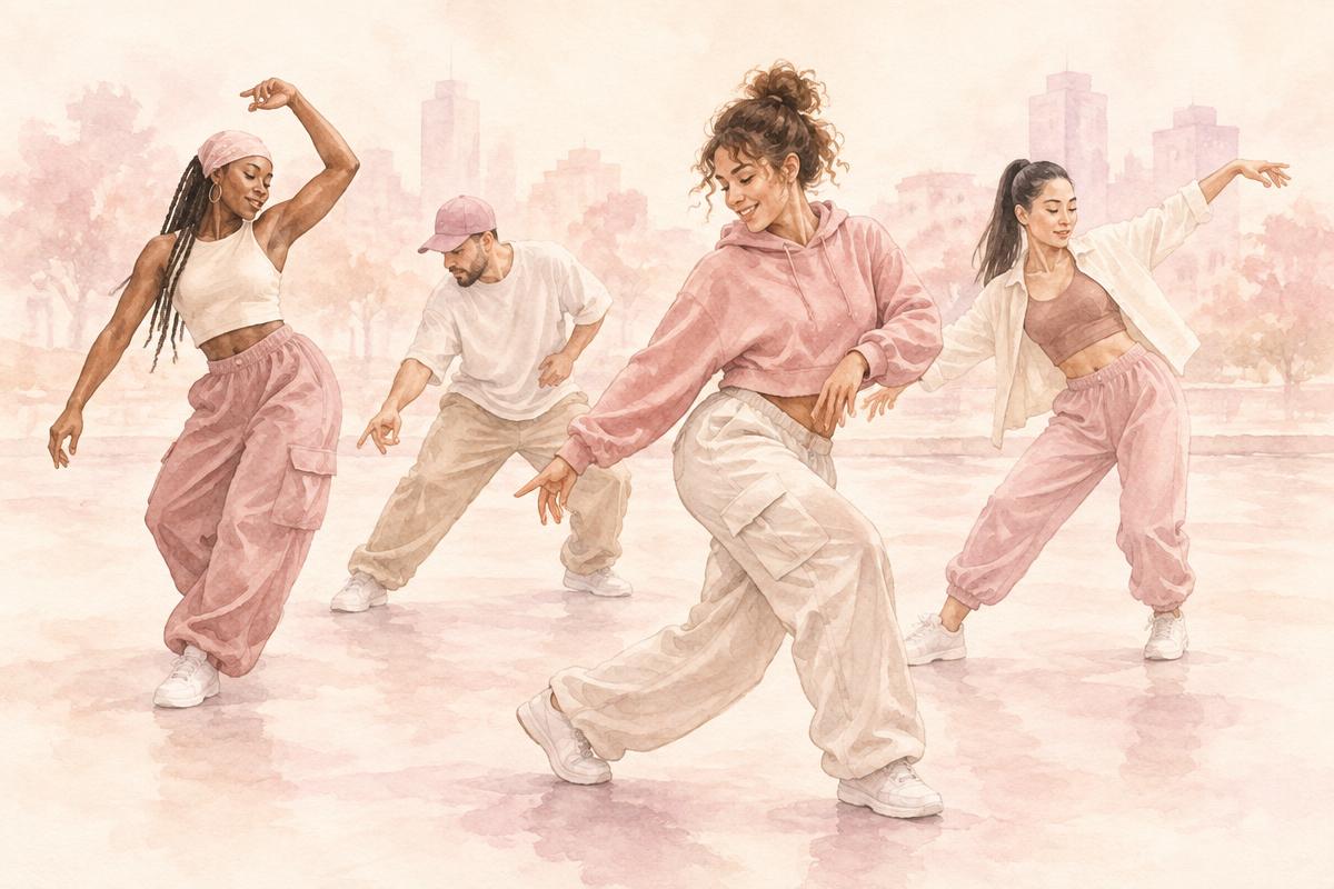 Danseuses et danseur de danses urbaines dans une illustration rose poudré