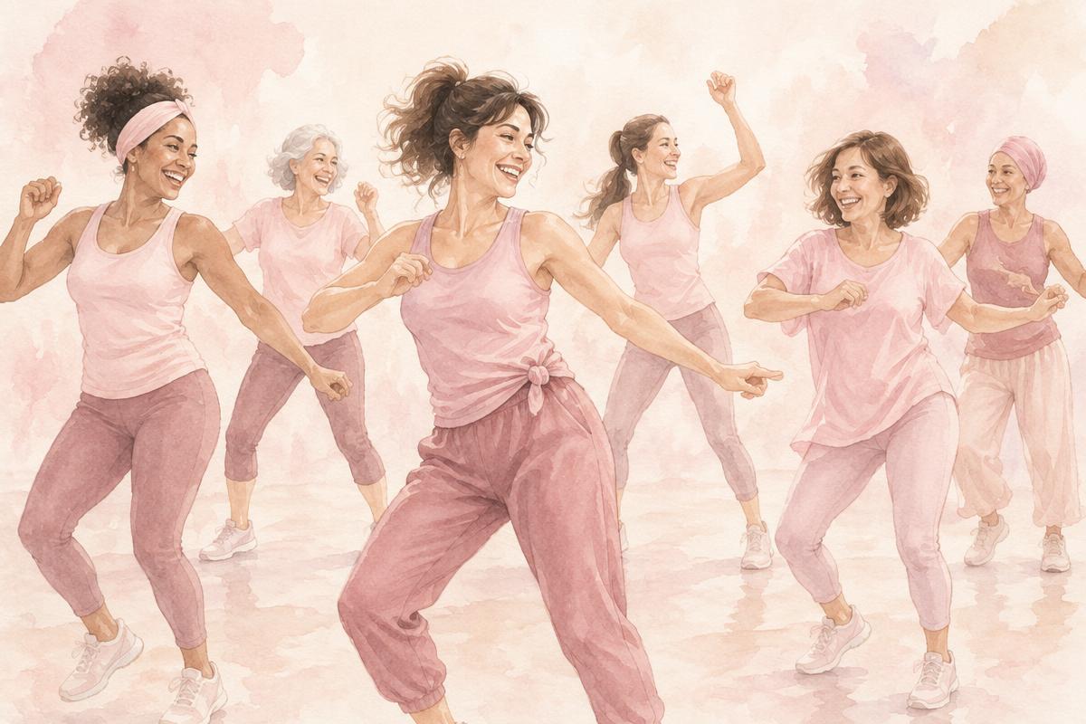 Groupe multigénérationnel dansant la Zumba dans une illustration rose poudré
