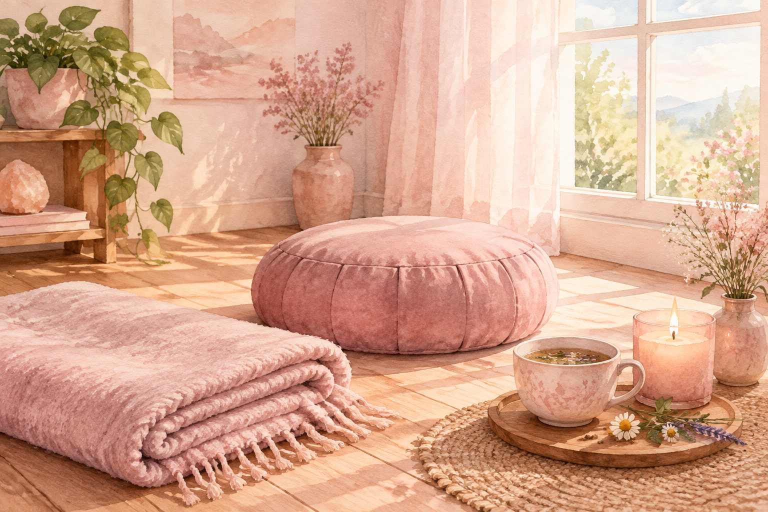 Coussin de méditation, plaid douillet, bougie allumée et tasse de tisane dans un coin bien-être aux tons roses, illustration de l'atelier de sophrologie
